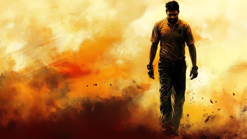 Solitary male figure in orange-toned abstract environment.