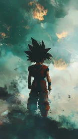 Silhouetted anime fighter standing in swirling storm clouds.