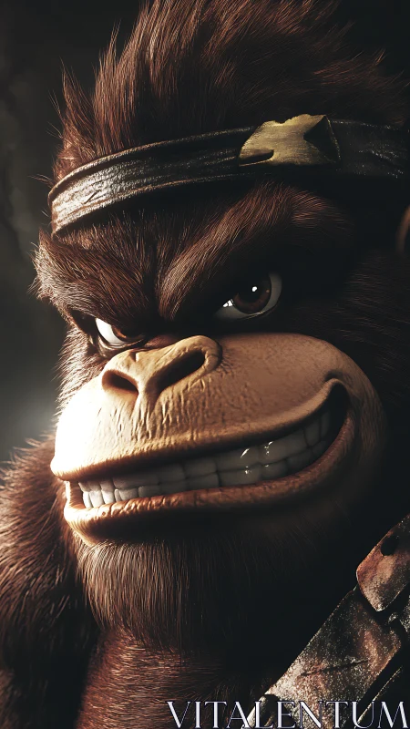 Close-up 3D render of grinning cartoon gorilla warrior.