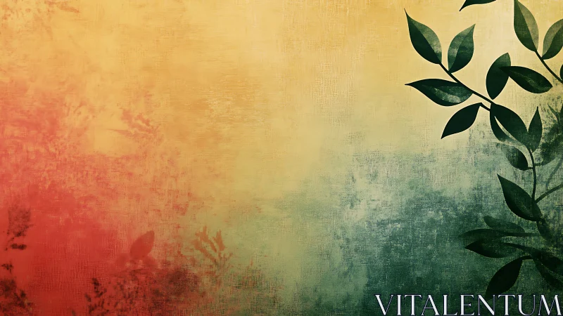 Green leafy silhouette on textured red yellow gradient wall.