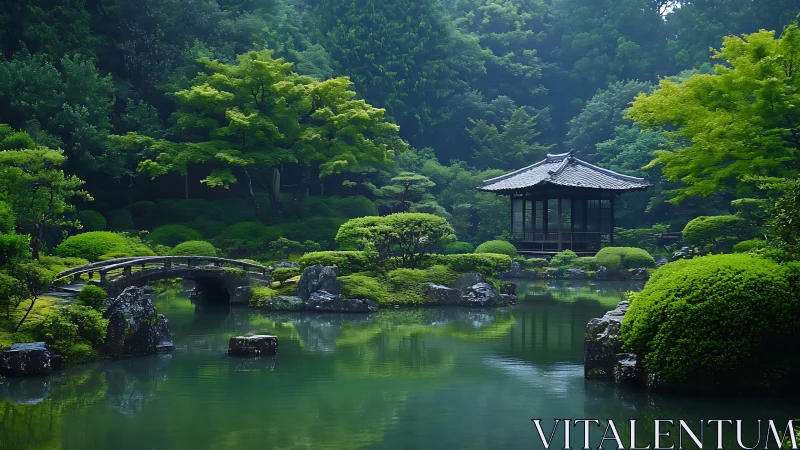 Gentle mist rests over a tranquil Japanese garden pond