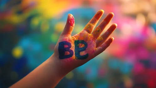 Paint-splattered hand displays bold BB letters against bokeh field