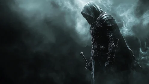Hooded dark knight emerges from smoky void in high-contrast art