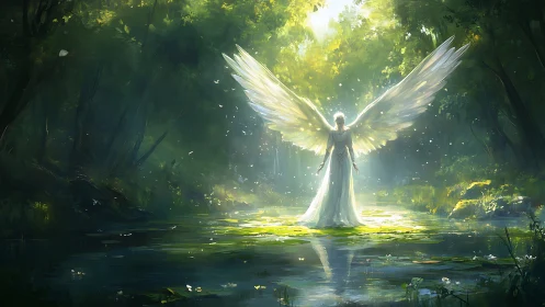 Winged figure standing in sunlit forest water clearing.