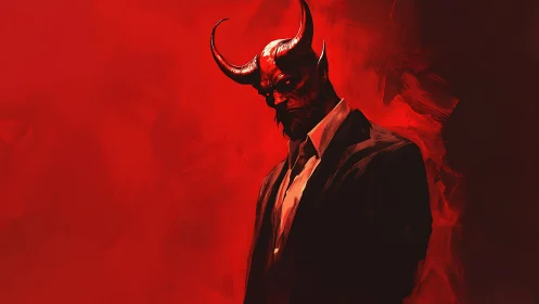 Demonic businessman stands in crimson inferno of swirling light.