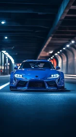 Midnight blue street predator prowling a neon tunnel vein.