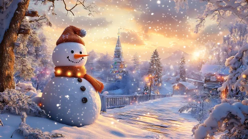 Cheerful snowman beside snowy village at sunset.