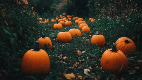 Orange pumpkins scattered along a narrow leafy garden path.