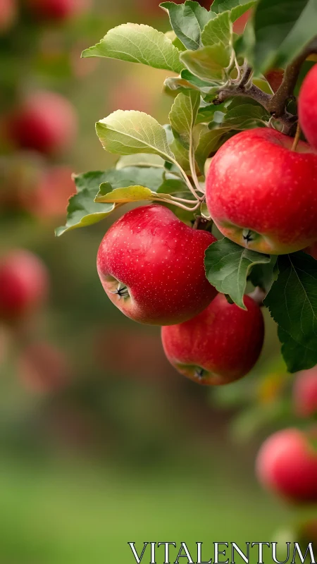 Red apples hang on a leafy tree branch in soft natural light