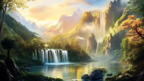 Sunlit mountain waterfalls in a tranquil enchanted valley.