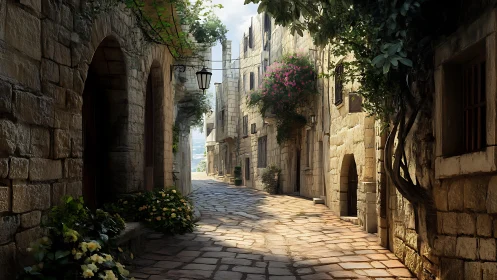 Sunlit stone alleyway where quiet blooms and cobbles glow.
