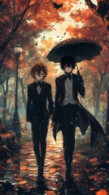 Two suited figures traverse reflective autumn alley under umbrella