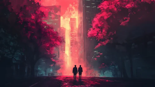 Silhouetted figures on city street under red illuminated trees.