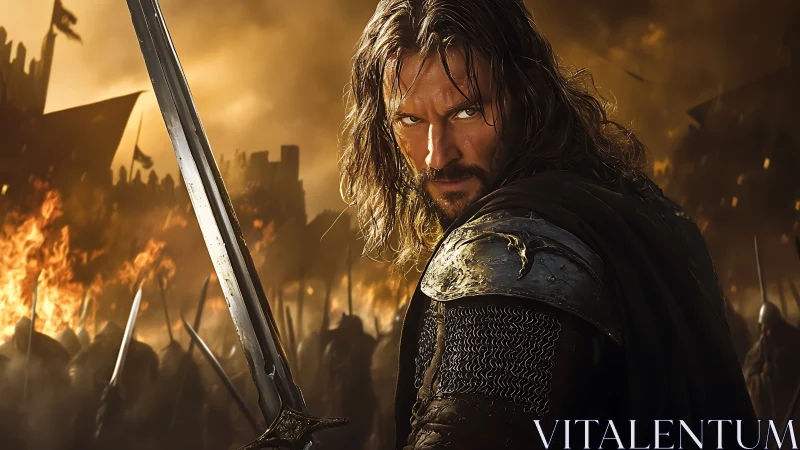 Cinematic medieval swordsman amid incendiary siege chaos.
