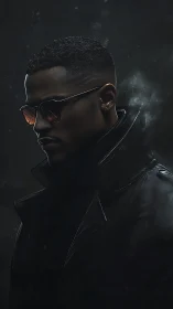Shadowed man in dark coat and tinted sunglasses portrait.