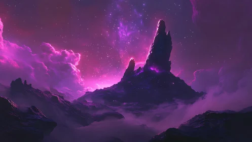 Spectral nebula-lit monoliths on misted alien ridgescape.