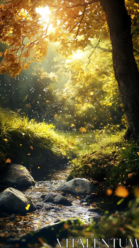 Autumnal riparian corridor with volumetric backlit foliage stream.