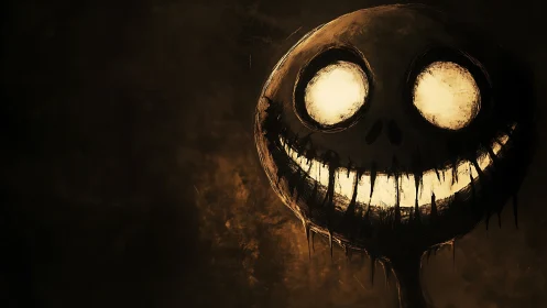 Large glowing skull-like face occupies the right frame edge