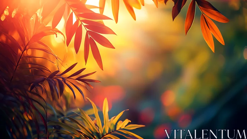 Sunlit jungle leaves ignite in molten evening color.