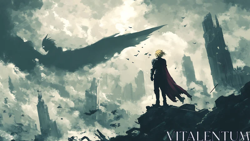 Cloaked figure overlooking ruined city with winged shadow.