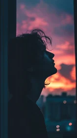 Silhouetted person in profile stands against vivid city sunset
