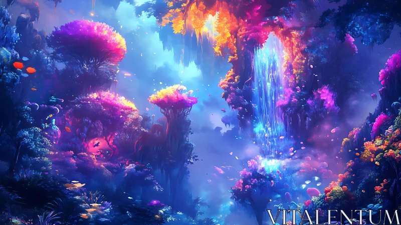 Luminous dream jungle with neon trees, mist and falling starlight.