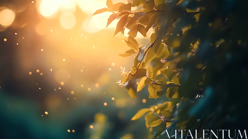 Sunlit Leaves and Floating Particles in Soft Golden Bokeh Style.