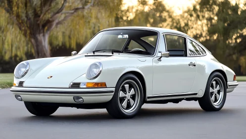 Cream white classic coupe waits quietly for its next sprint