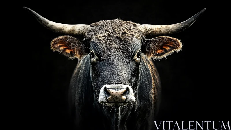 Horned bull portrait under sculpted low key lighting.