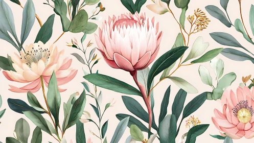 Botanical Watercolor Composition: Pink Proteas With Eucalyptus Foliage