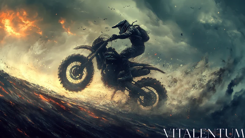 Storm-surfing rider claws a burning horizon on steel tides
