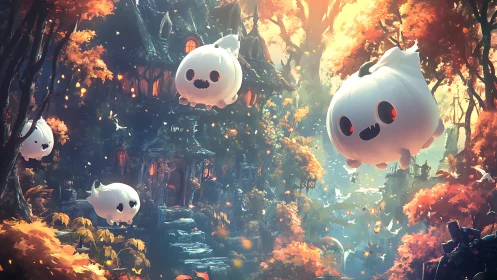 Whimsical ghost pumpkins drifting above autumn forest manor.