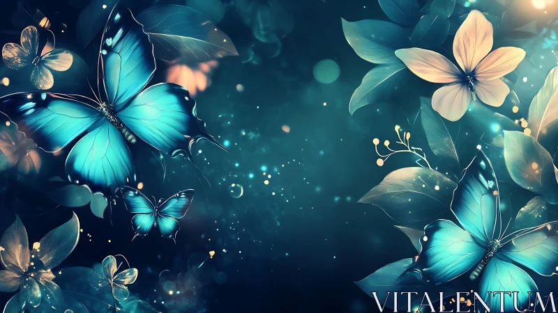 Luminous blue butterflies glide gently through a dreamy garden