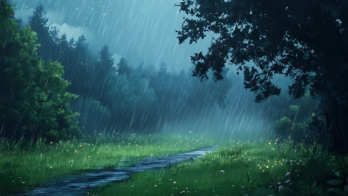 Rainy Forest Stream: Nature's Peaceful Sanctuary.