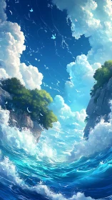 Vast turquoise seascape between cliffs under soaring clouds.