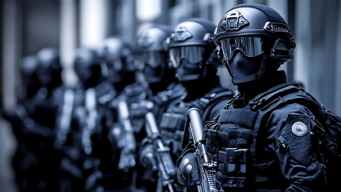 Tactical operatives in full armor with cybernetic helmets.