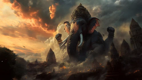 Stormlit elephant deity rises roaring above burning temples