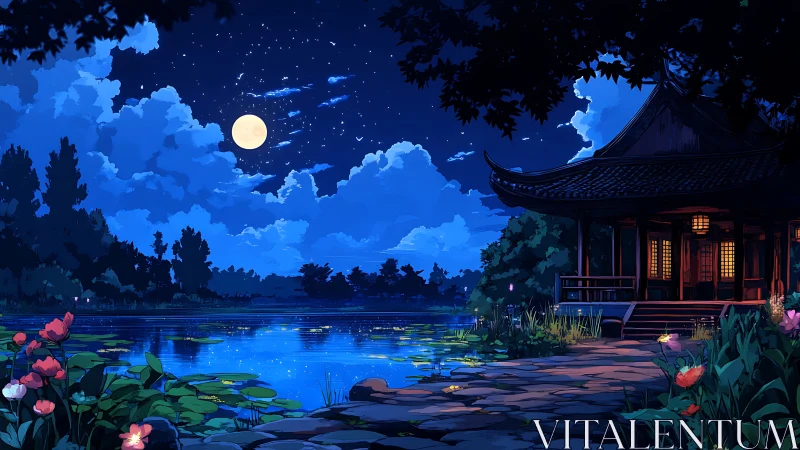 Moonlit lakeside pavilion wrapped in gentle midnight glow.