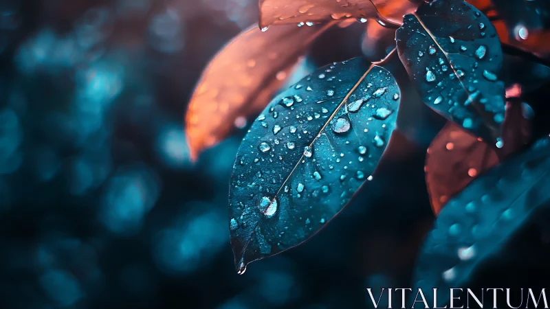 Close-up of rain-covered leaves with blue and orange light.