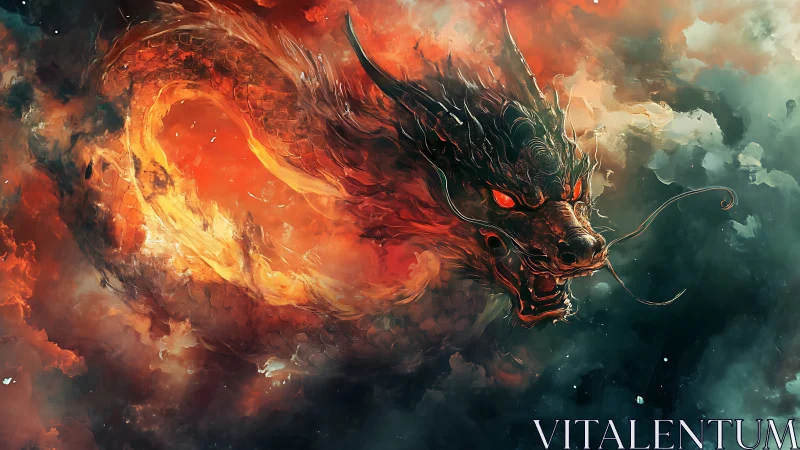 Infernal serpentine dragon coils through ember-scorched storm.