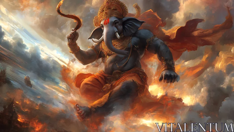 Elephant headed warrior deity strides through burning clouds