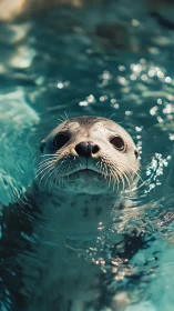 Curious harbor seal gazes up through shimmering blue water.