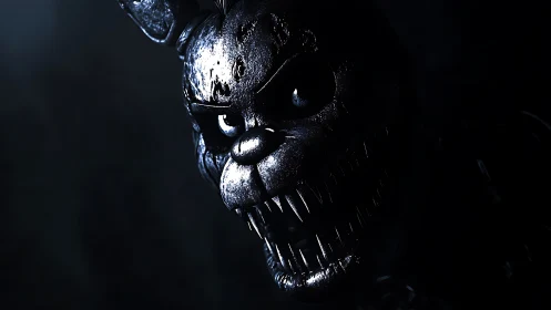 Metallic rabbit animatronic head with bared teeth in darkness.