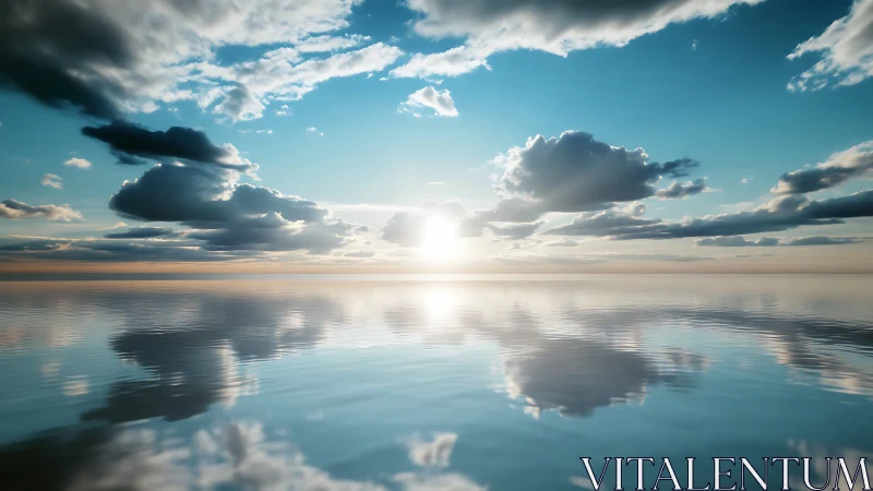 Sunlit horizon over calm reflective ocean waters.