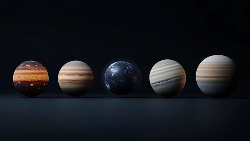 Silent planetary quintet poised on a cosmic midnight stage.