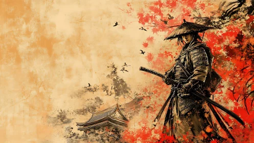 Samurai warrior in autumn forest near traditional temple.