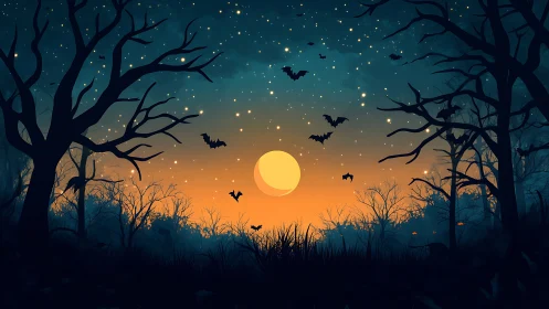 Moonlit bat ballet over a whispering twilight forest sky.