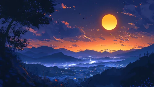 Night valley city glows under large moon and orange sky