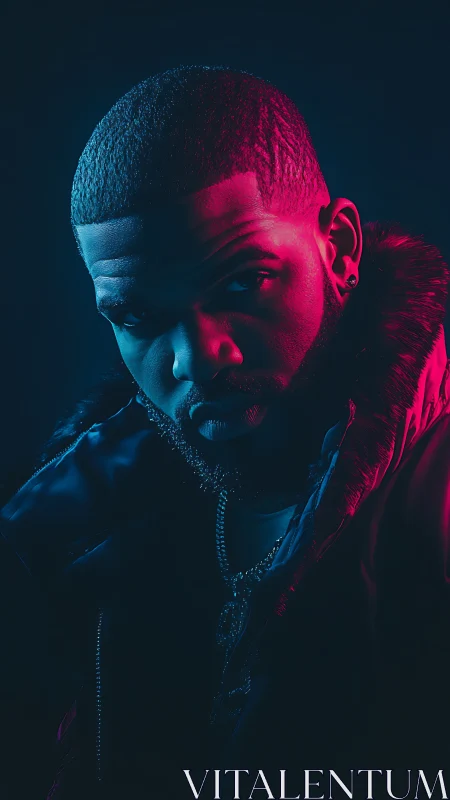 Male subject in duotone portrait with jacket and chains.