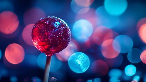 Crystalline Red Lollipop Against Neon Bokeh Background.